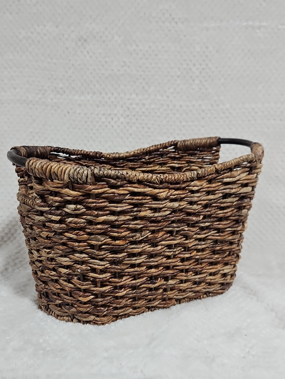 8"x14" brown neutral tone oval basket w/ handles for storage or trash bin/bask